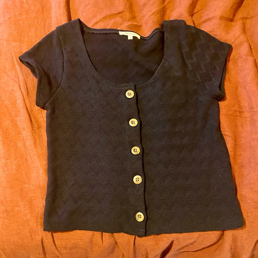 Madewell Black Knit Pointelle Button Front Scoop Tee Size M